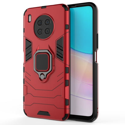 Red rugged shockproof phone case with magnetic ring holder, reinforced corners, camera cutouts