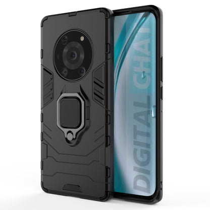 Rugged black phone case with magnetic ring holder; camera area and side buttons shown