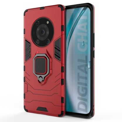 Red rugged shockproof phone case with magnetic ring holder, large camera protection, grip stand