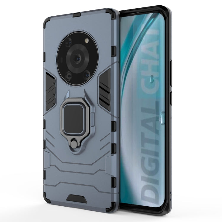 Light blue/gray rugged shockproof phone case with magnetic ring holder, camera shield, grip stand