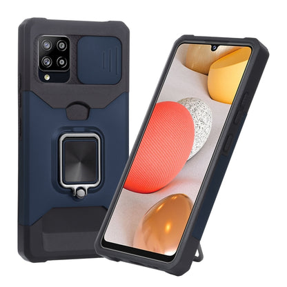 Dark blue and black rugged phone case with ring holder for secure grip