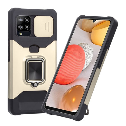 Beige and black rugged phone case with ring holder and camera cover cutout