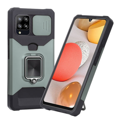 Sliding camera cover phone case with TPU bumper and ring holder, dark green with black