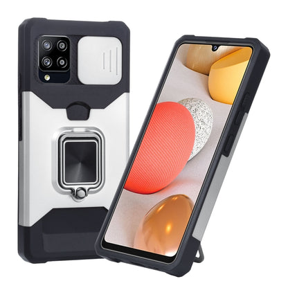 Sliding camera cover phone case with TPU bumper and ring holder, white with black