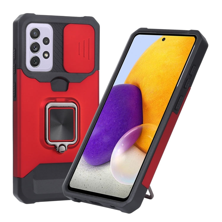 Sliding camera cover phone case with TPU bumper and ring holder, red with black