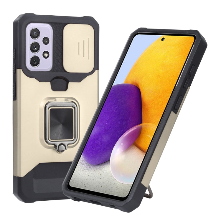 Sliding camera cover phone case with TPU bumper and ring holder, beige with black