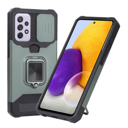 Sliding camera cover phone case with TPU bumper and ring holder, light teal with black