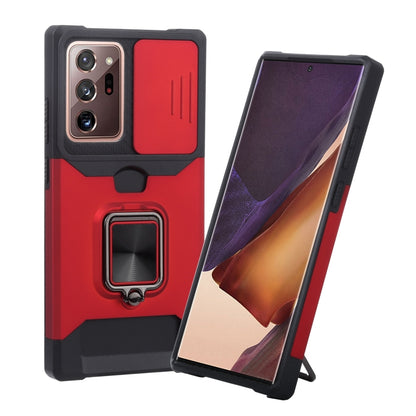 Sliding camera cover phone case with TPU bumper and ring holder, red with black