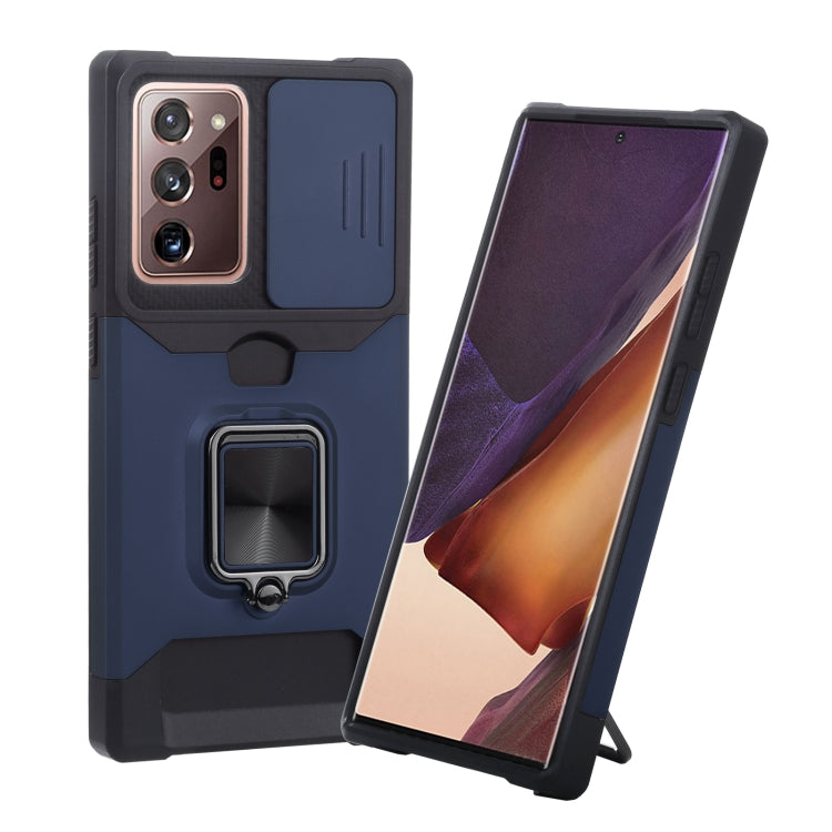 Sliding camera cover phone case with TPU bumper and ring holder, navy blue with black
