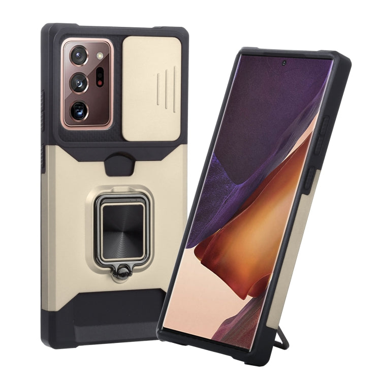 Sliding camera cover phone case with TPU bumper and ring holder, cream with black