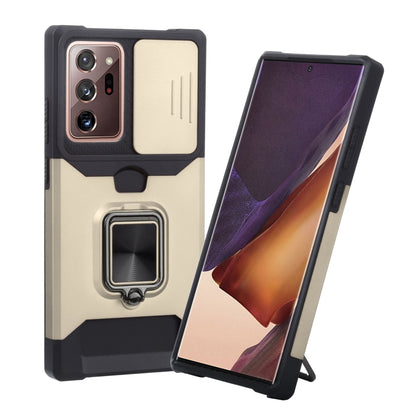 Sliding camera cover phone case with TPU bumper and ring holder, cream with black