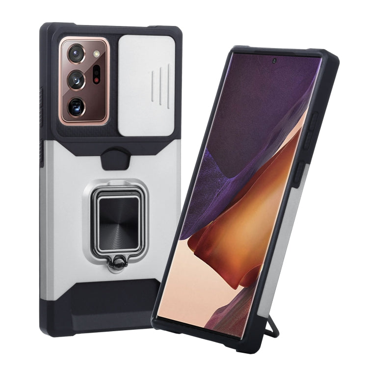 Protective phone case with sliding camera cover and ring holder, white and black.