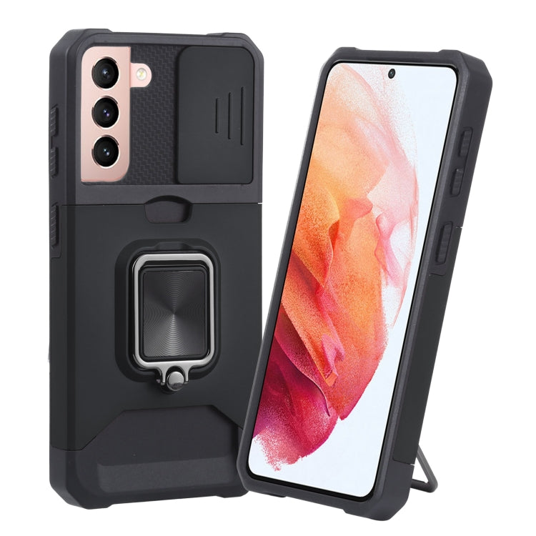 Protective phone case with sliding camera cover and ring holder, black.