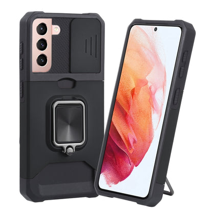 Protective phone case with sliding camera cover and ring holder, black.