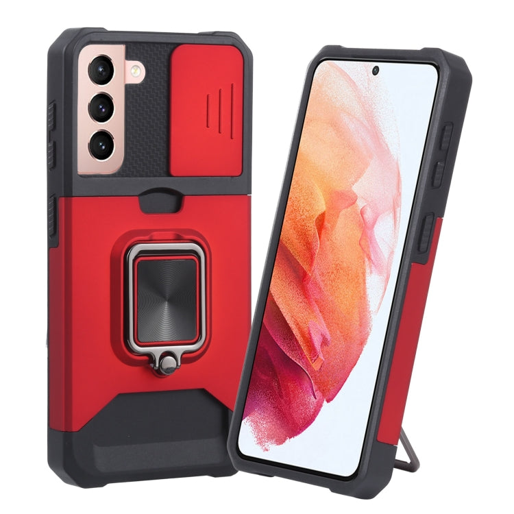 Protective phone case with sliding camera cover and ring holder, red and black.