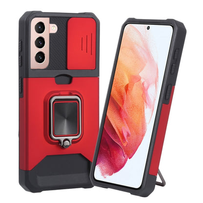Protective phone case with sliding camera cover and ring holder, red and black.
