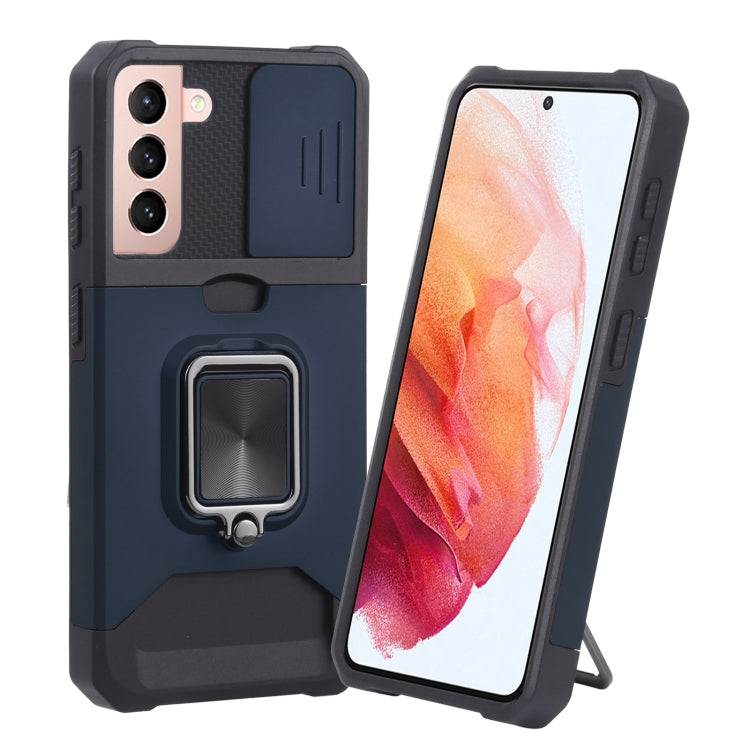 Protective phone case with sliding camera cover and ring holder, dark blue and black.