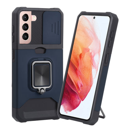 Protective phone case with sliding camera cover and ring holder, dark blue and black.