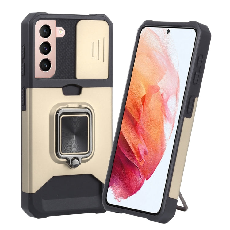 Protective phone case with sliding camera cover and ring holder, gold and black.
