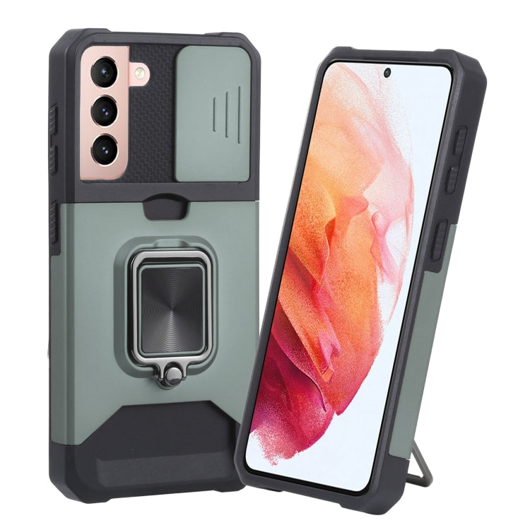 Protective phone case with sliding camera cover and ring holder, sage green and black.