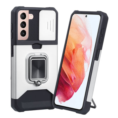 Protective phone case with sliding camera cover and ring holder, silver and black.