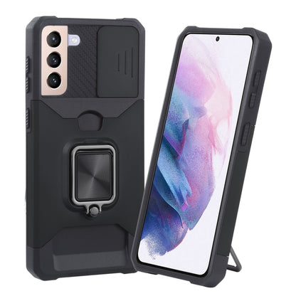 Protective phone case with sliding camera cover and ring holder, matte black.