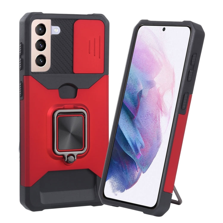Protective phone case with sliding camera cover and ring holder, red and black.