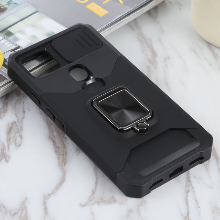 Black rugged phone case with camera cutout and raised ring holder panel