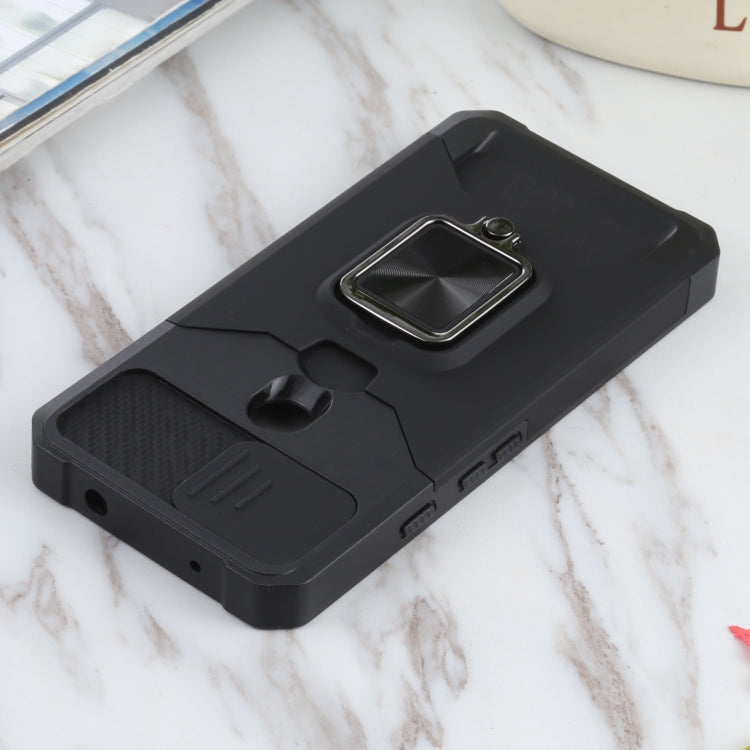 Black rugged phone case with metallic ring holder and camera cover cutout
