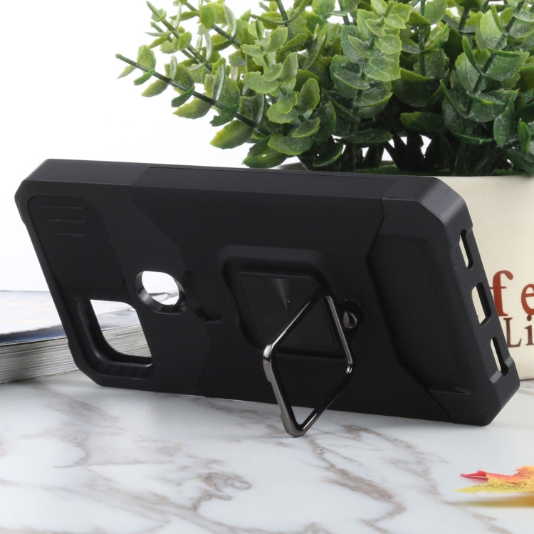 Black rugged phone case with camera cover opening and ring holder