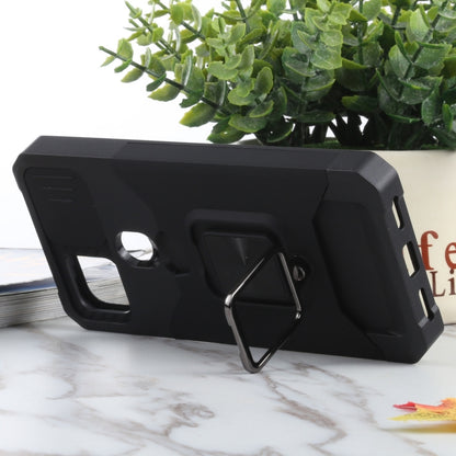 Black rugged phone case with camera cover opening and ring holder