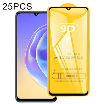 9D full glue tempered glass screen protector set, 25-pack, package shows 9D label