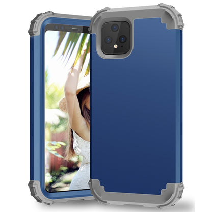 Navy blue shockproof phone case with grey bumper for Pixel 4, angled front view