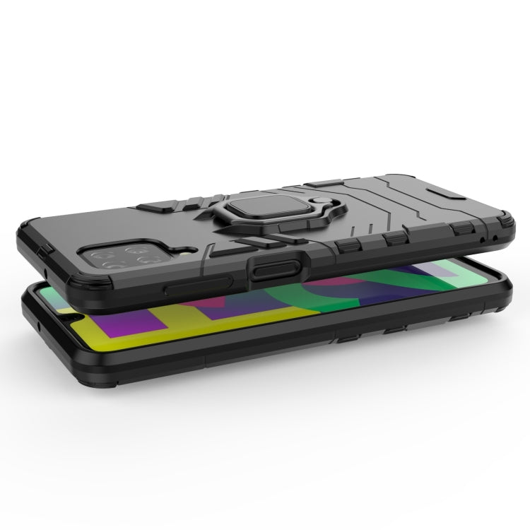 Black shockproof phone case with magnetic ring holder, textured grip and screen-protect lip