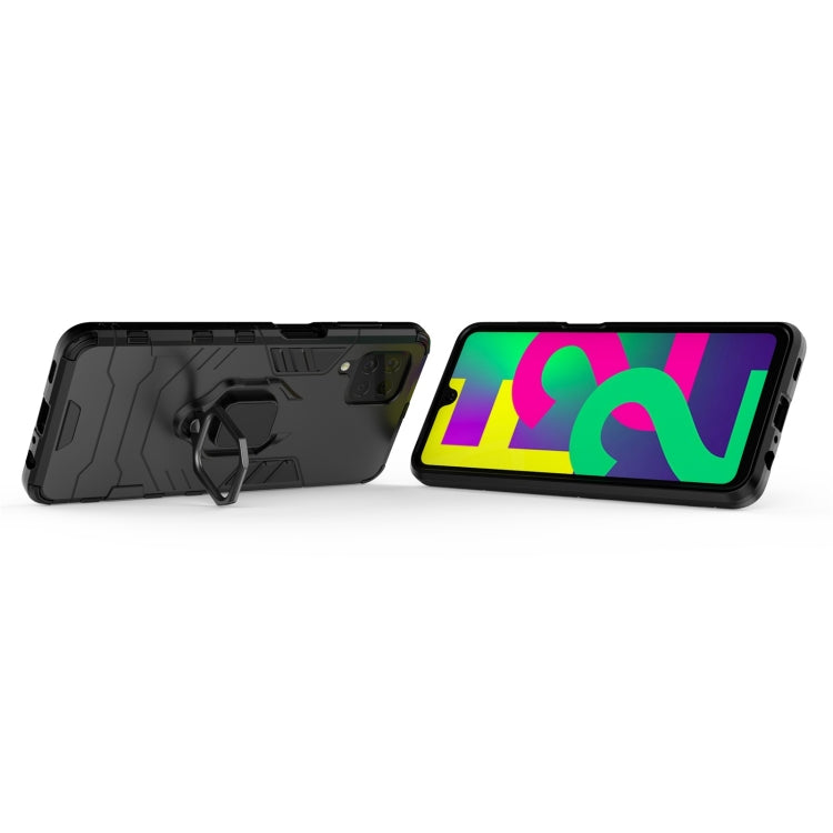 Black shockproof phone case with magnetic ring holder, front and back protective design