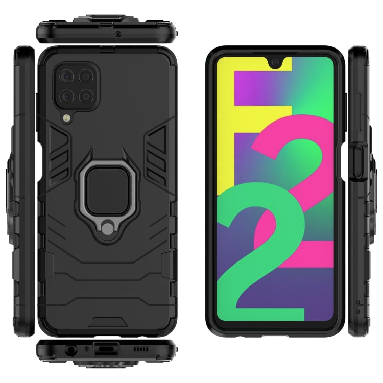 Black shockproof phone case with magnetic ring holder and raised edges around the screen