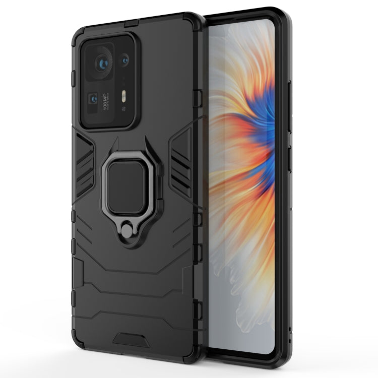 Black shockproof phone case with magnetic ring holder and raised camera protection