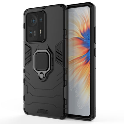 Black shockproof phone case with magnetic ring holder and raised camera protection