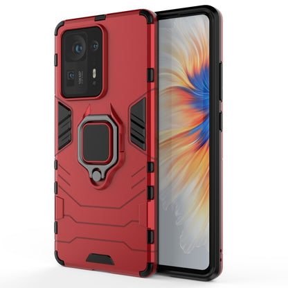Red shockproof phone case with magnetic ring holder and raised edges around the screen