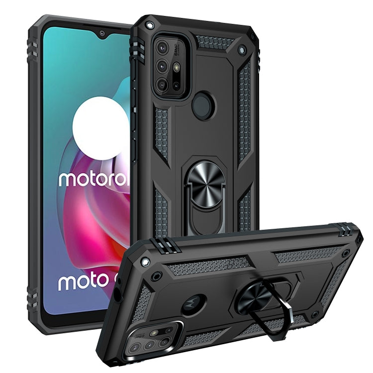 Black rugged phone case with kickstand ring and raised camera protection