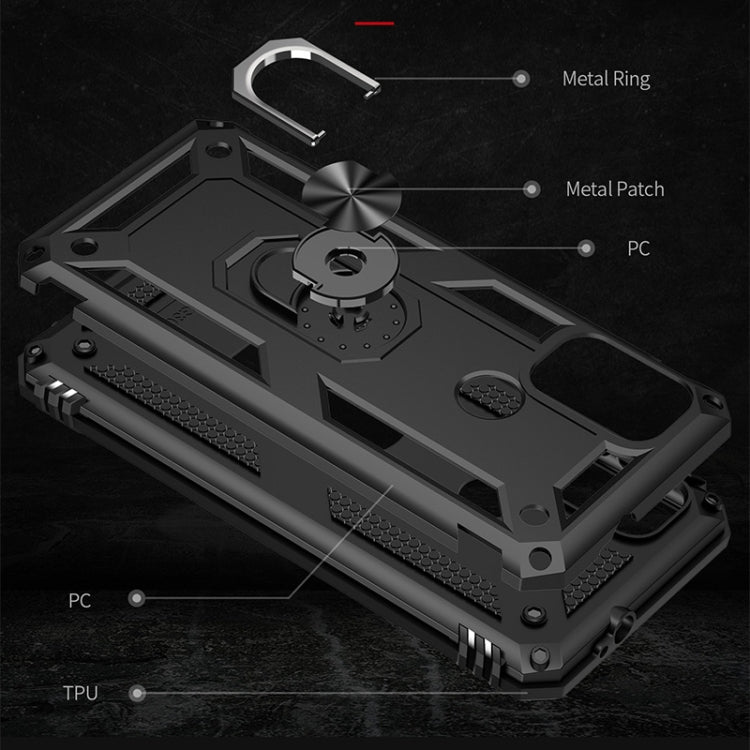 Black shockproof phone case with metal ring and TPU PC layers