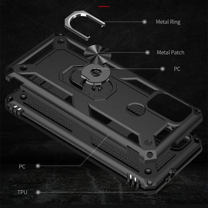 Black shockproof phone case with metal ring and TPU PC layers