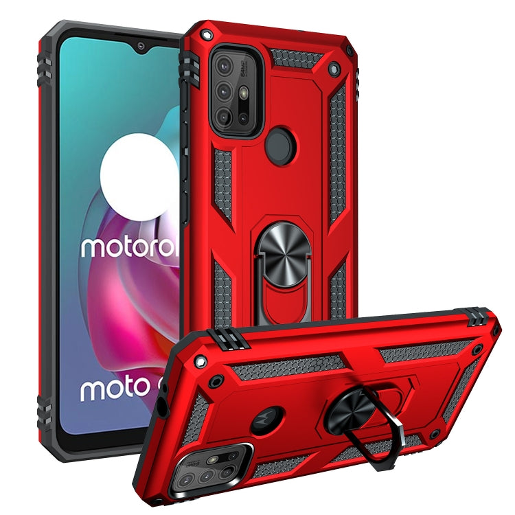 Red rugged phone case with kickstand ring and raised camera protection