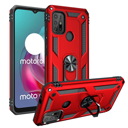 Red rugged phone case with kickstand ring and raised camera protection