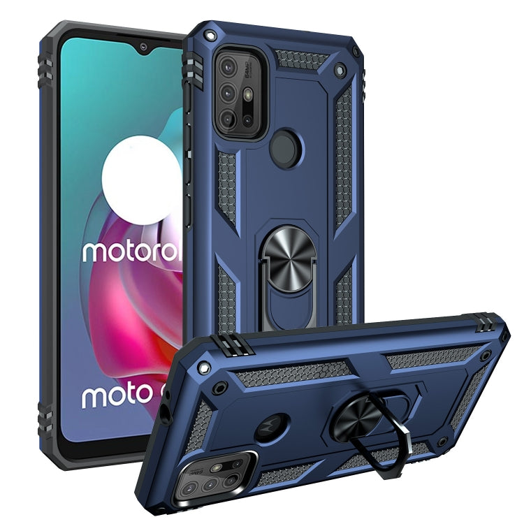 Blue shockproof phone case with rotating kickstand, rugged textured TPU/PC protection