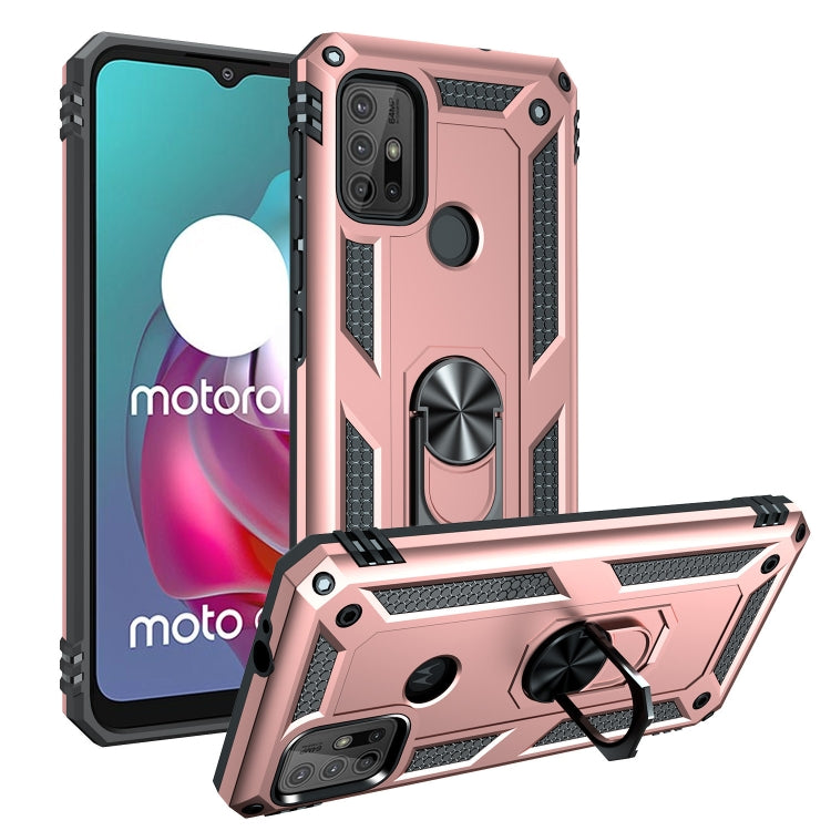 Rose gold shockproof phone case with rotating kickstand, rugged TPU/PC protection