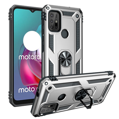 Silver shockproof phone case with rotating kickstand, textured TPU/PC protection
