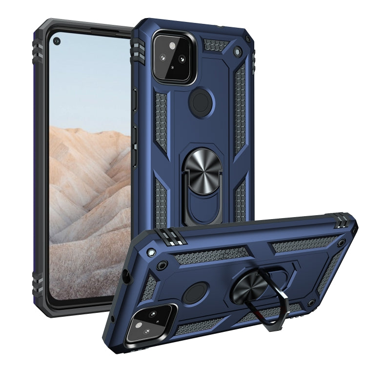 Blue shockproof phone case with rotating kickstand, grippy raised edges and cutouts