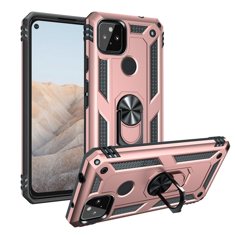 Rose gold shockproof phone case with rotating kickstand, textured drop-protection design