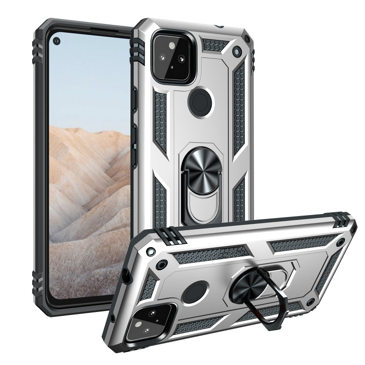 Silver shockproof phone case with rotating kickstand, raised camera and screen protection